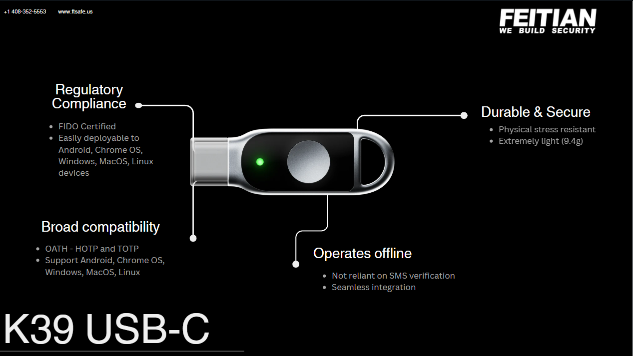 FEITIAN ePass FIDO2 FIDO U2F USB-C Security Key | K39